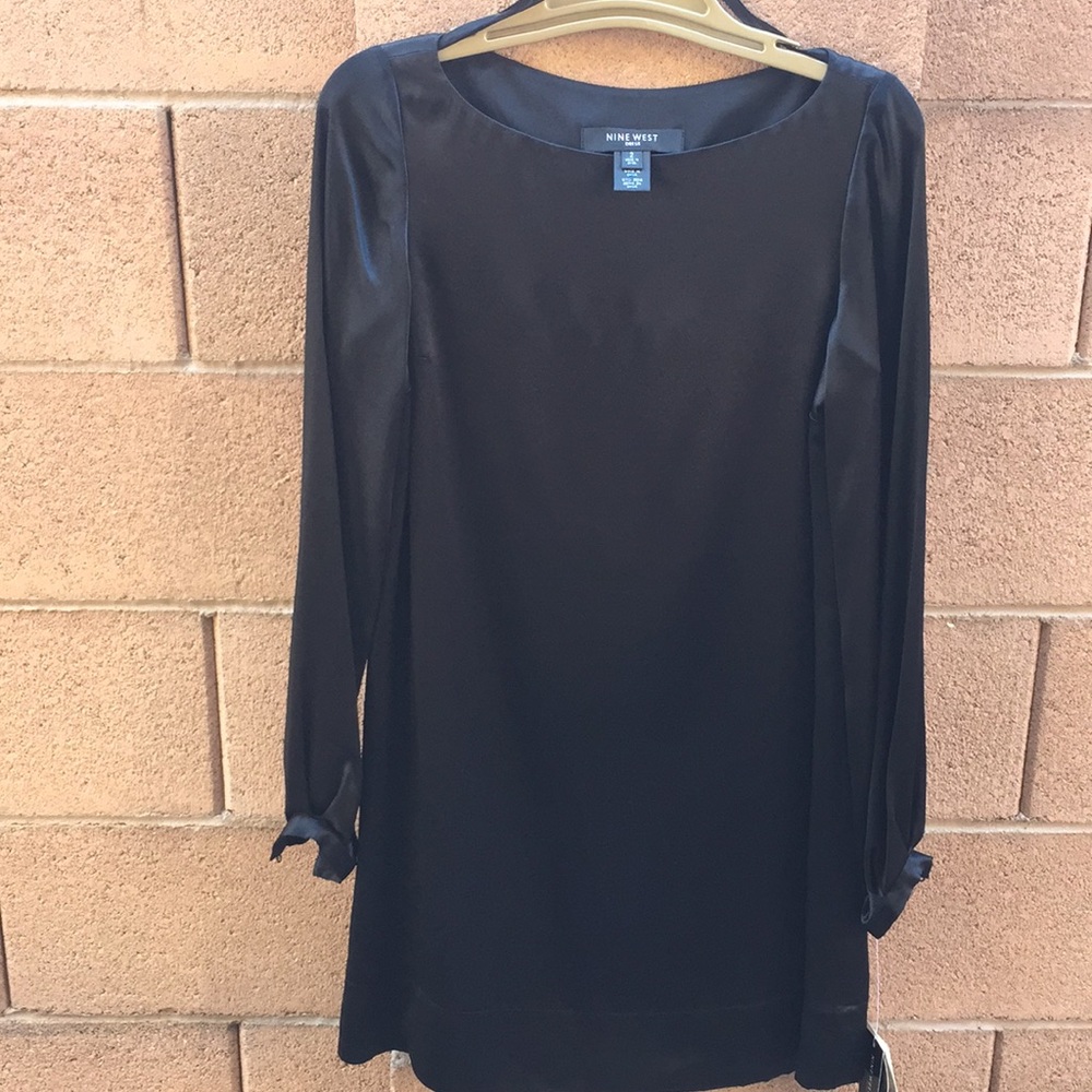 Nine West black silk dress button sleeves